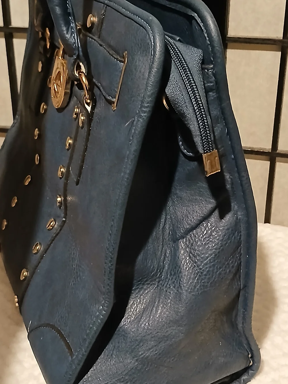 Michael Kors Navy Leather Satchel with Gold Accents